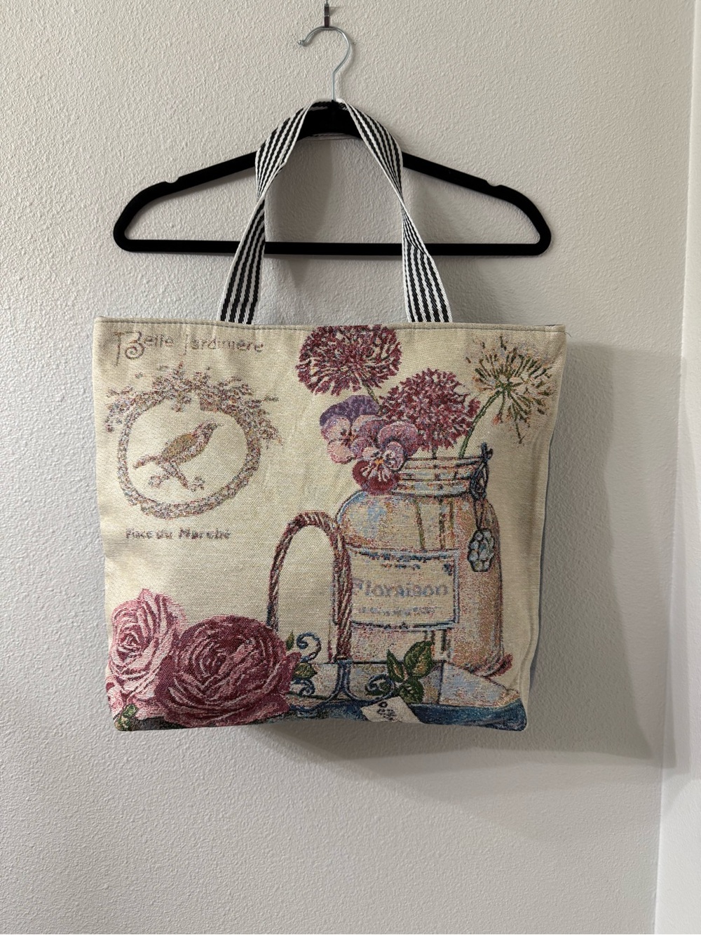 Floral Tapestry Tote Bag | Striped Handles | Zip Top | Boho Cottagecore | NWOT - Picture 2 of 6